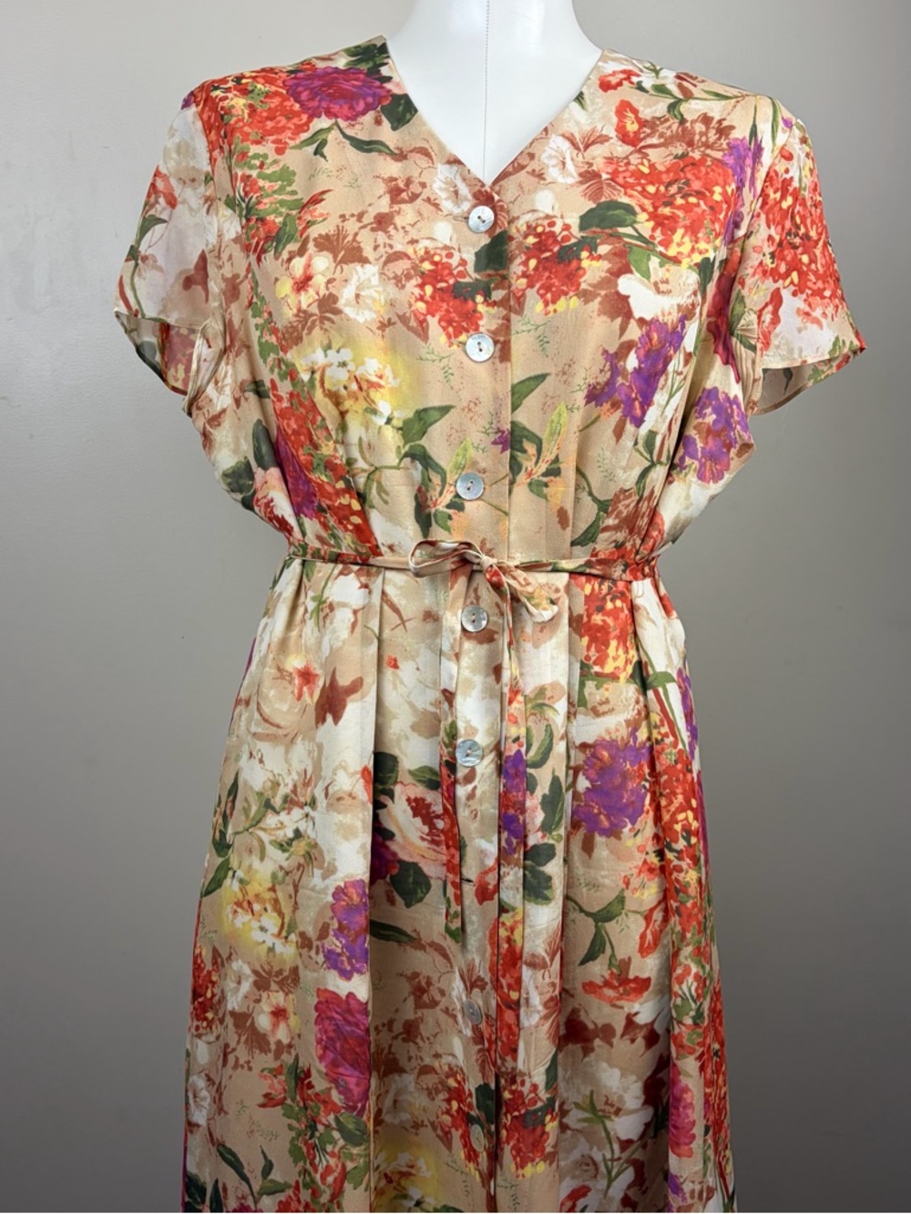 Coldwater Creek Silk 14P Floral Cream Midi Dress with Tie Waist Flaw - Picture 3 of 13